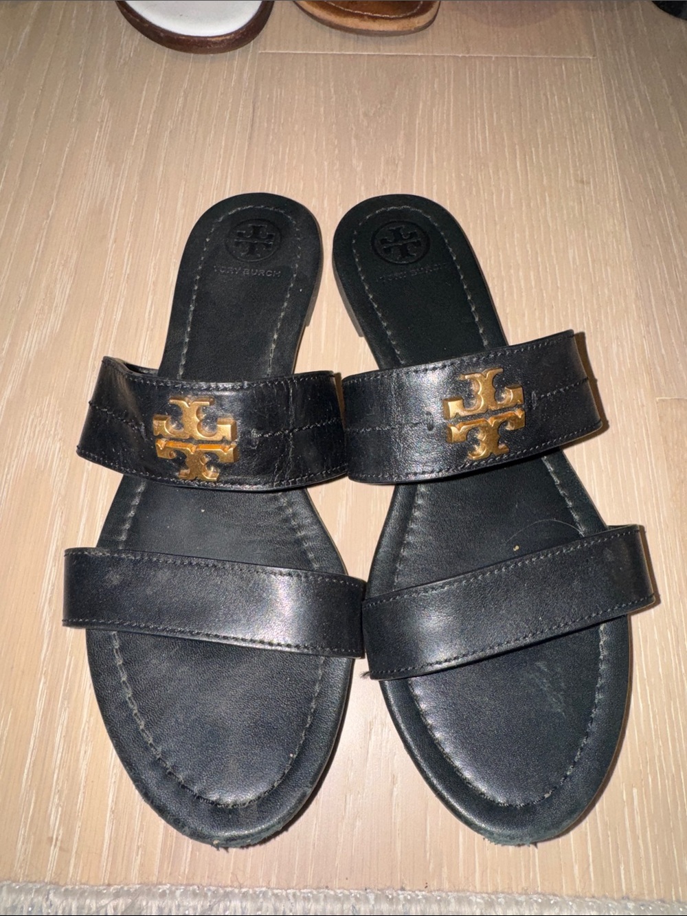 Tory Burch Black Leather Double-Strap Slide Sandals with Gold Logo
